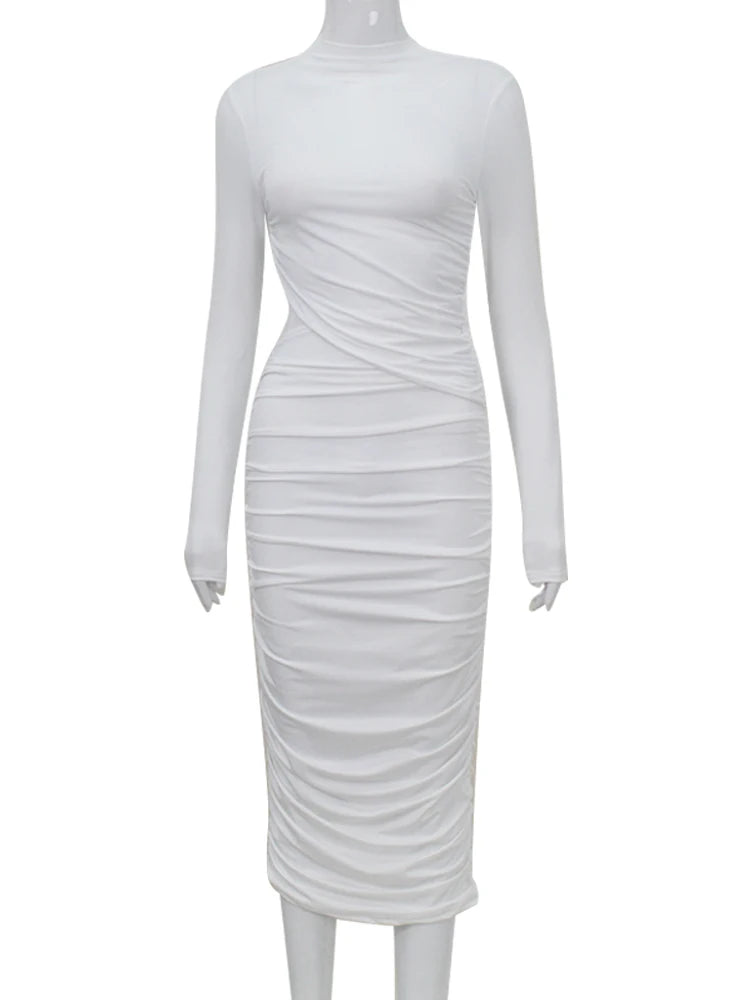 Solid Casual Sexy Women's Dresses Fashion Hollow O-Neck Long Sleeve Streetwear Slim Skinny Bodycon Vestidos Robes Female