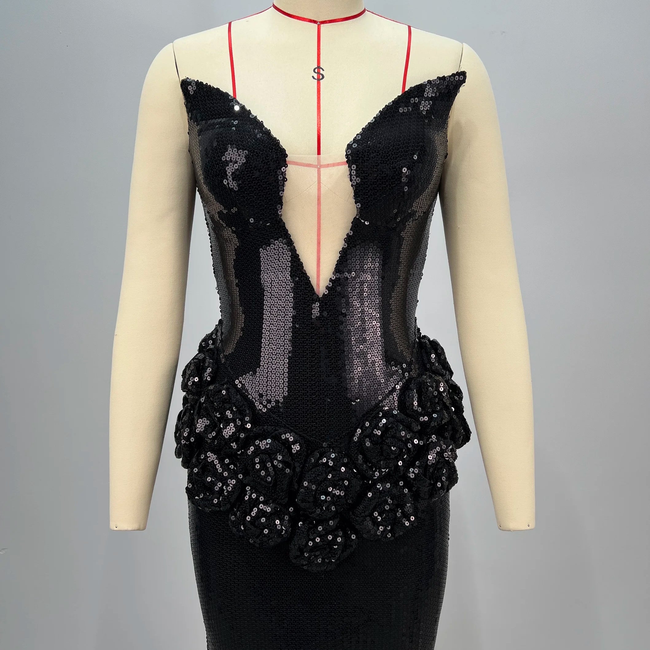 Luxury Haute Couture Sexy V-Neck Black Shining Sequins Floor Length Dress Woman Birthday Party Dress Red Carpet Goddess Vestido