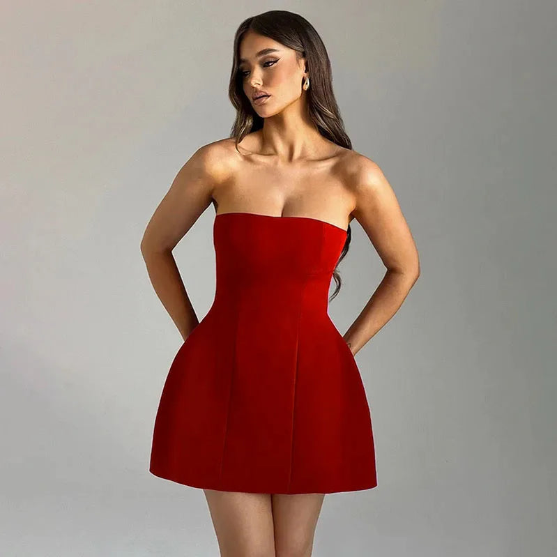 TARUXY Sleeveless Sexy Strapless Mini Dress Solid Patchwork High Waist Summer Fashion Female Bodycon Plunge Vacation Dress New Red