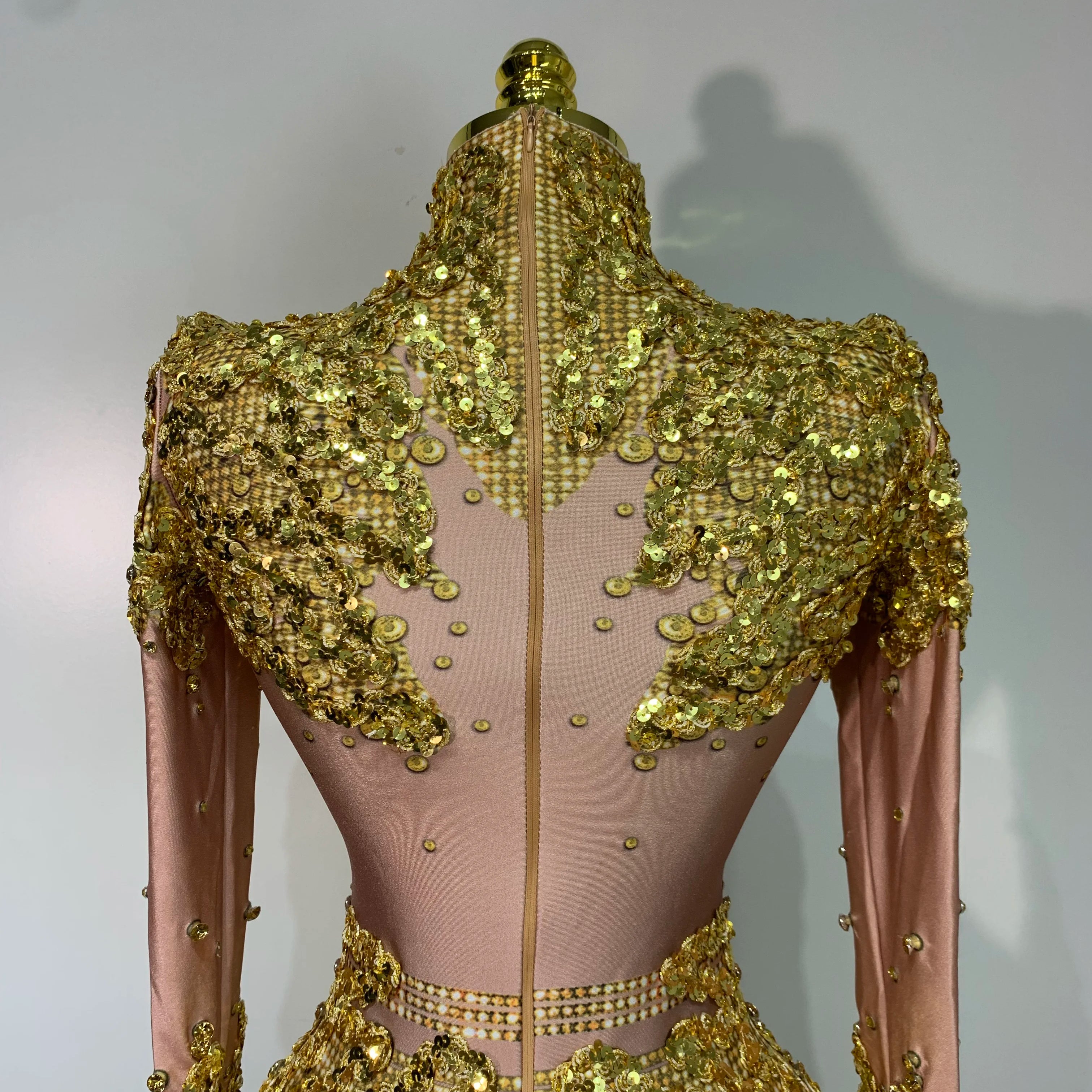 Sparkly Gold Rhinestone Sequin Stretch Bodysuits 2025 Women Luxury Birthday Party Nightclub Dancer Stage Performance Costume