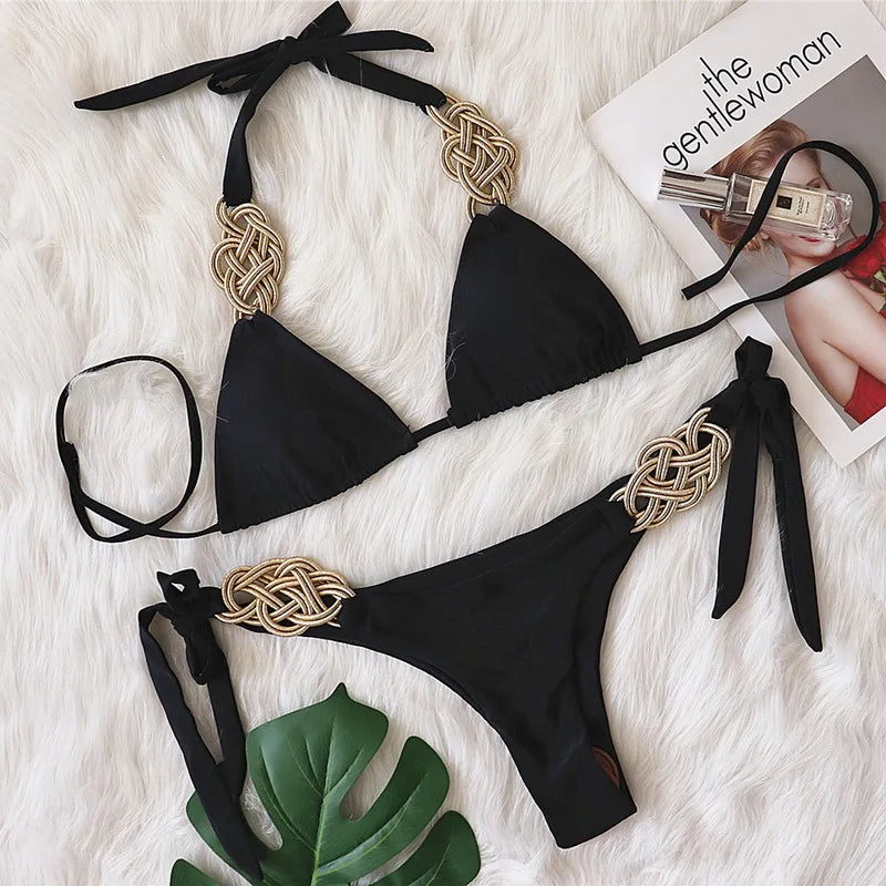Sexy Hand Knitted Bikini Push Up Swimwear Women Brazilian Bikini Swimsuit Halter Biquini Two Pieces Bathing Suit black