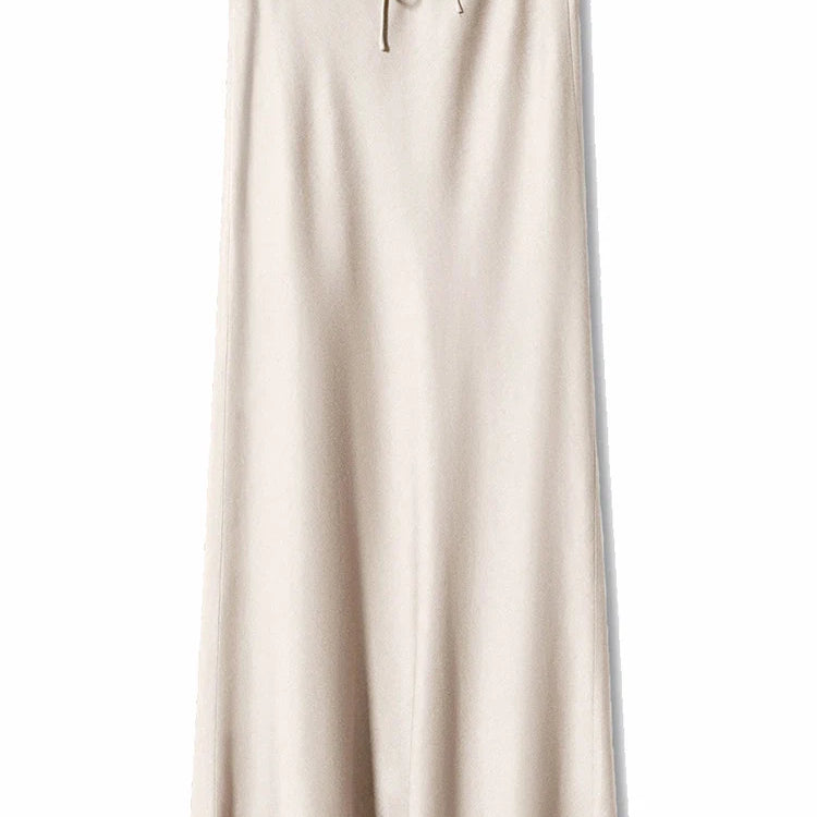 Streamgirl A Line Long Satin Skirts For Women Black Elegant High Waist Maxi Beige Skirts Silk Lace Up Long Skirt Women Beige