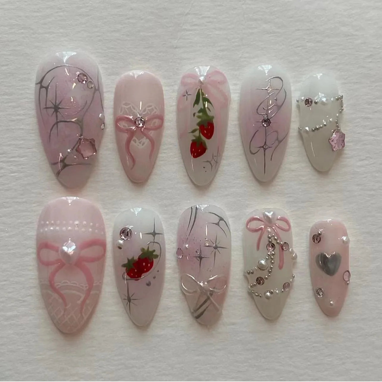 24Pcs Mid-length Almond Nails Set Press on Strawberry Pearl Love Check Design Fake Nails 3D Bow Flower Reusable False Nails Tips