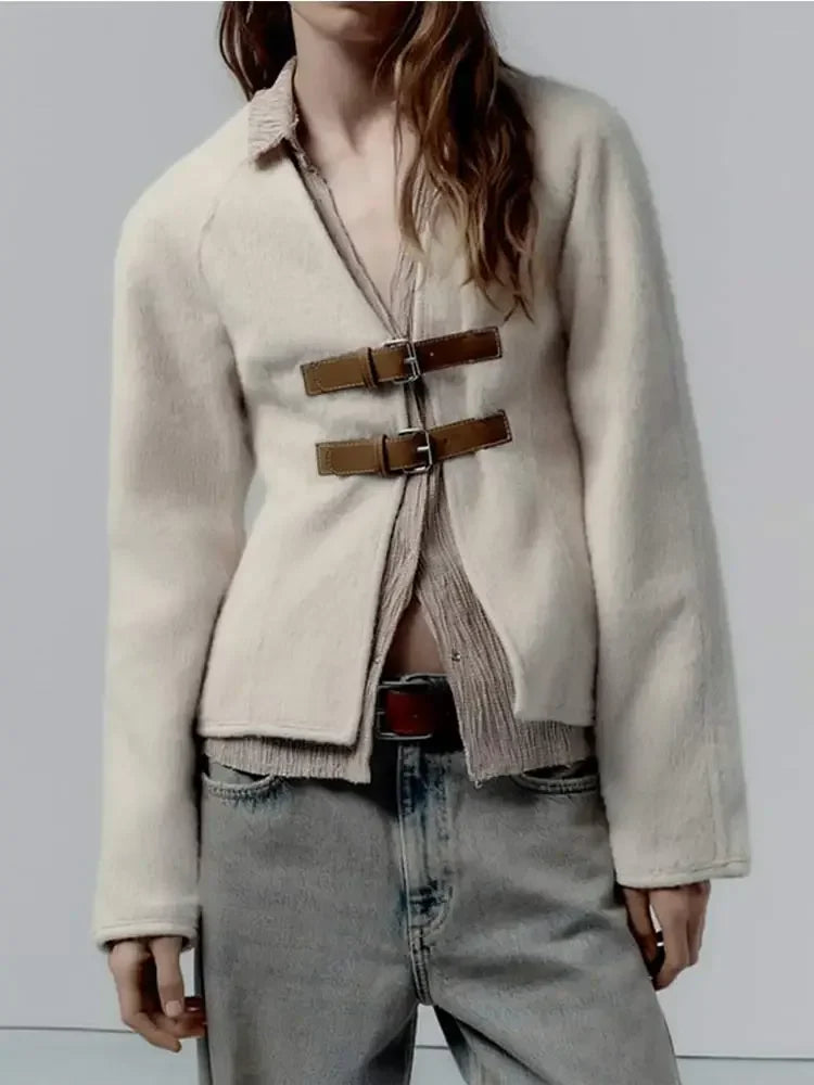Vintage Leather Buckle Woolen Coat For Women Fashion V Neck Long Sleeve Cropped Jacket Spring Female High Street Outerwear