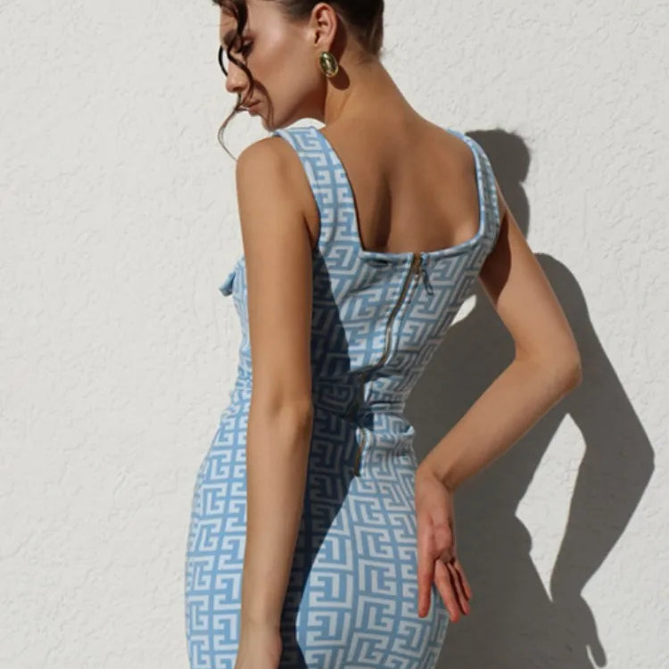 Women Summer Sexy Skyblue Jacquard Mini Bodycon Bandage Dress Elegant Evening Party Dress