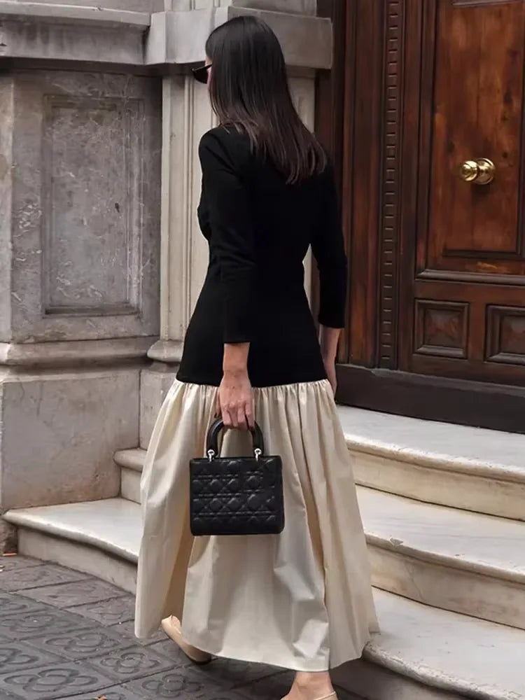 Vintage Women Ruffle Edge Splicing Full Sleeve Dress Fashion Round Neck A-line Maxi Dresses 2025 Lady Spring Highstreet Robe