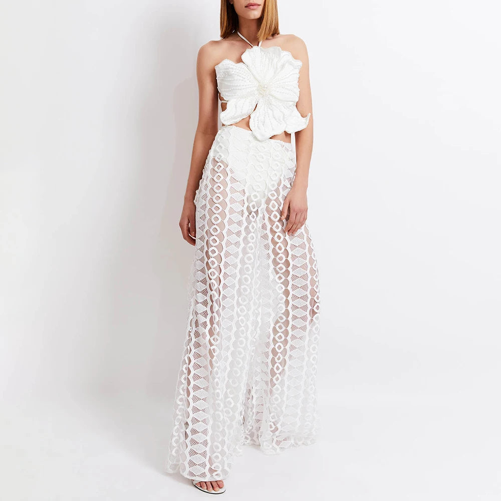 Fashion Flower Bikini Pearl Design Neck Swimsuit Luxury Sexy Tube Top Halter Seaside Vacation Hollow Trousers 2024 Women'S Retro