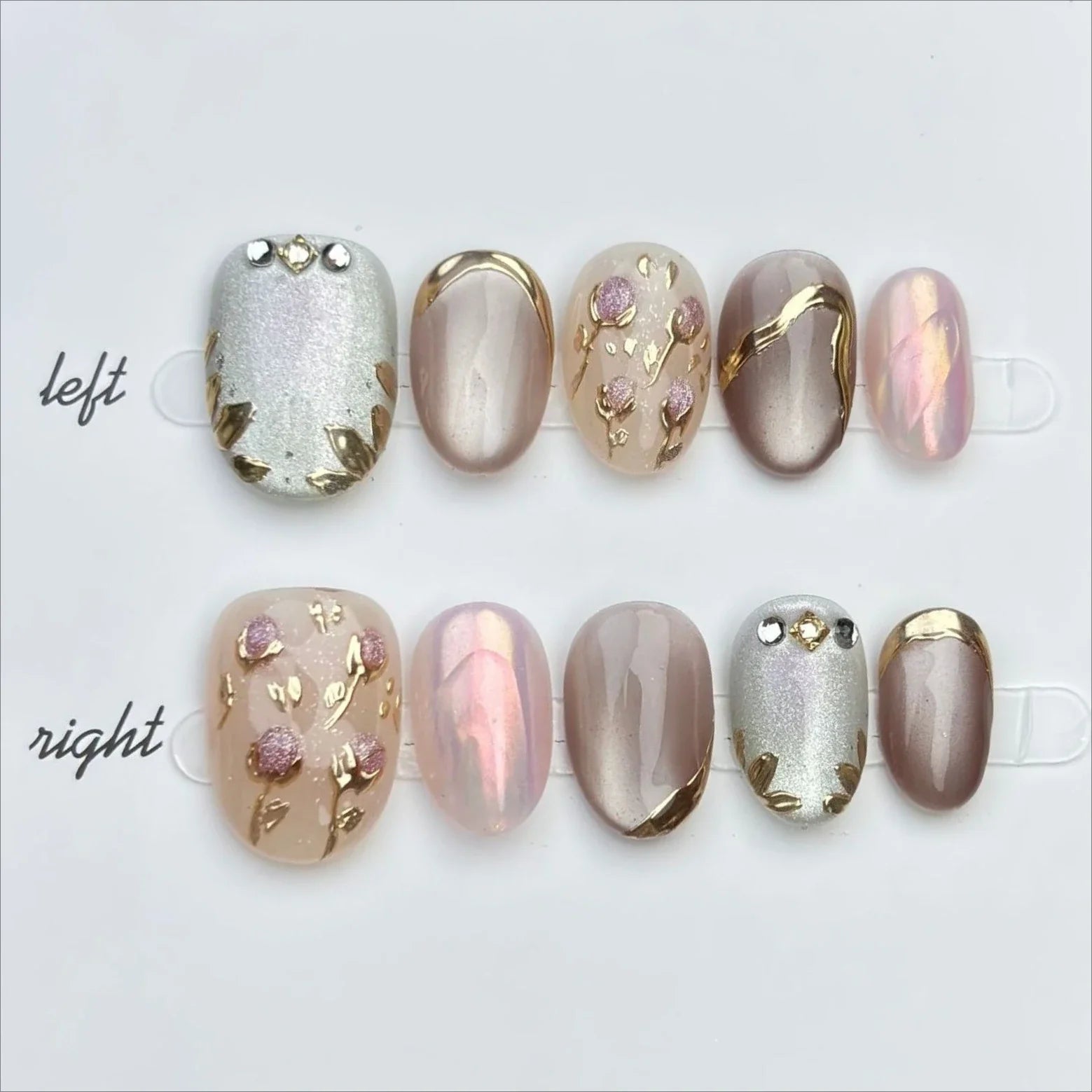 10Pcs Short Oval Nude Pink French False Nails Fairy Hand-painted Cat-eye Patterns Sweet Lovely Wearable Acrylic Nails Tips Set