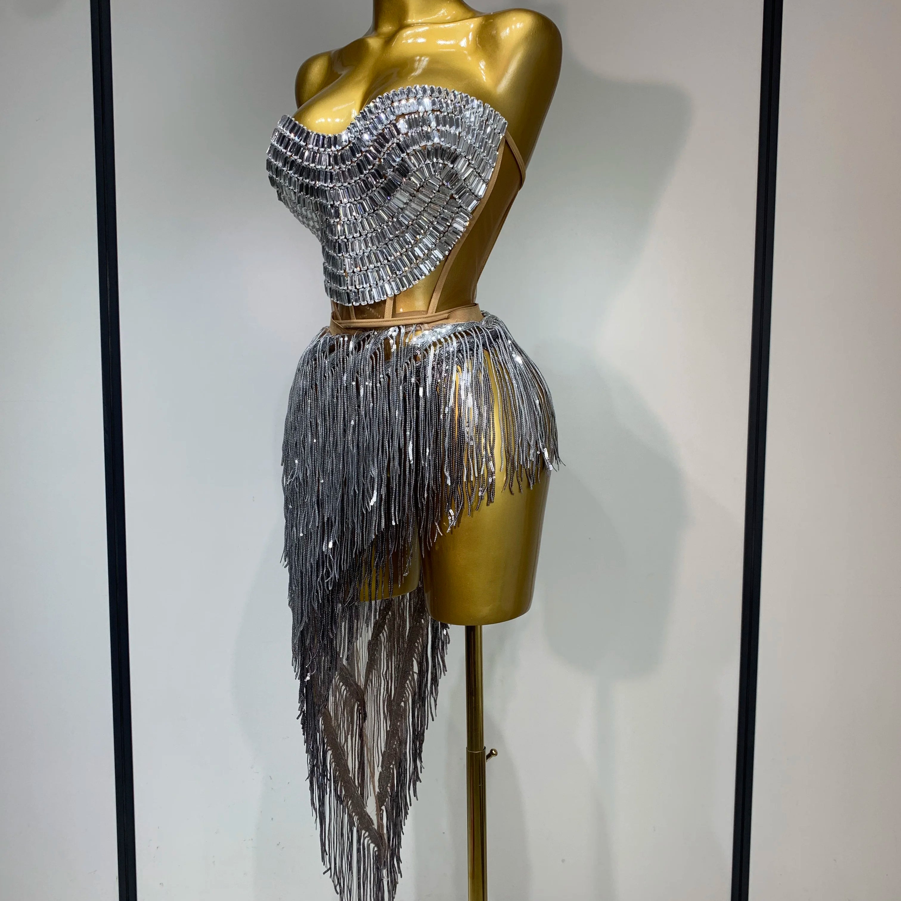 Sexy Sparkly Diamond Tassel Two Piece Set Women Evening Party Luxury Birthday Nightclub Singer Dancer Performan Stage Costume