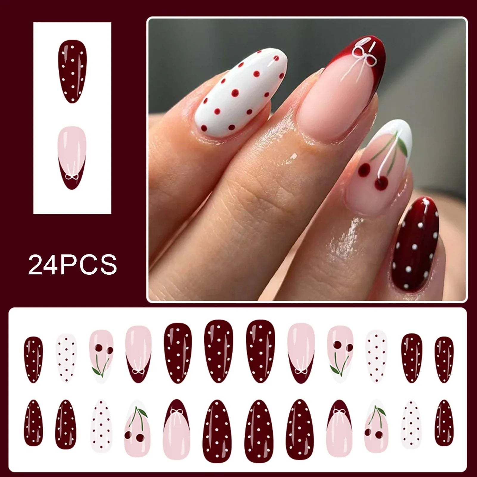 24Pcs Wine Red Almond Fake Nails with Polka Dot/Bowknot/Cherry Designs French Press On Nails Women Girls New Year Charm Manicure