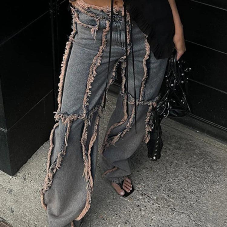 Streetwear Hip Hop Spliced Women Jeans Low Rise Loose Straight Tube Floor Dragging Pants Grunge Punk High Street Denim Pants Y2K