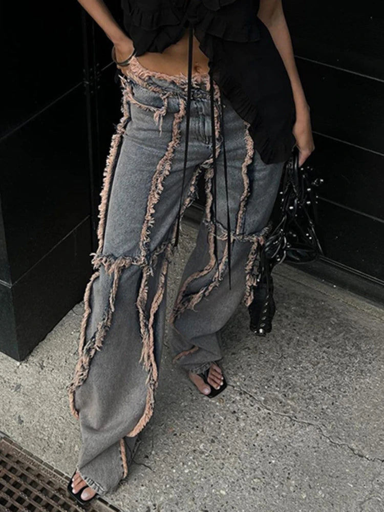 Streetwear Hip Hop Spliced Women Jeans Low Rise Loose Straight Tube Floor Dragging Pants Grunge Punk High Street Denim Pants Y2K