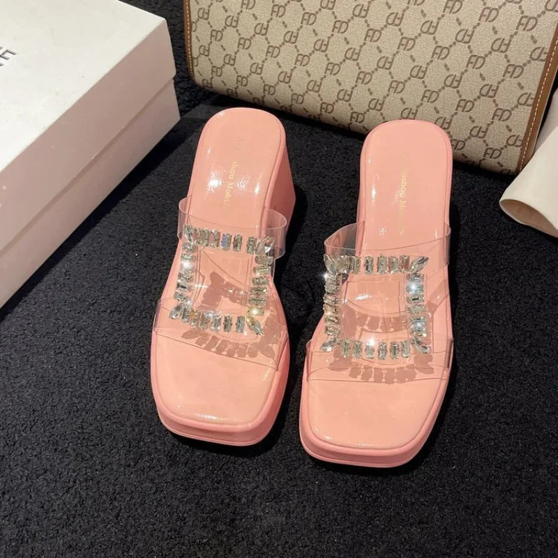 Women Platform Wedges Sandals High Heels Shoes Summer Flip Flops Beach Sandals Femme Designer New Dress Crystal Slides