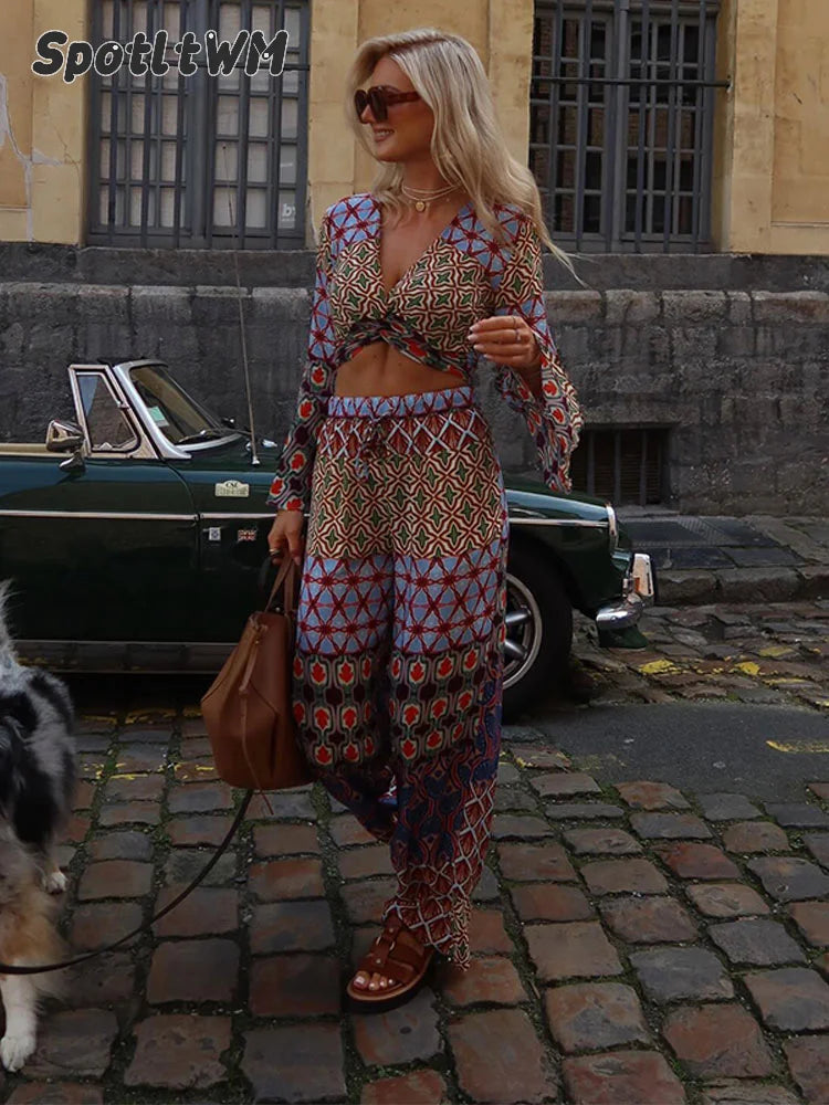 Vintage Sexy Casual Print Straight Trousers Set For Women Chic V Neck Flare Sleeve Twisted Tops Suit Female High Street Outfits