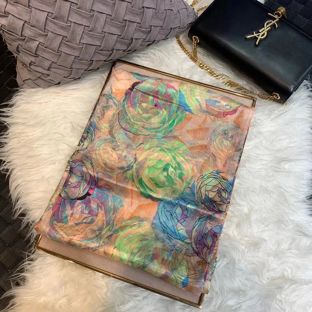 Ladies Green 100% Silk Scarf Shawl Winter Rose Design Women Pure Silk Scarves Wraps Fashion Beach Shawl Cover Ups Pink Scarf