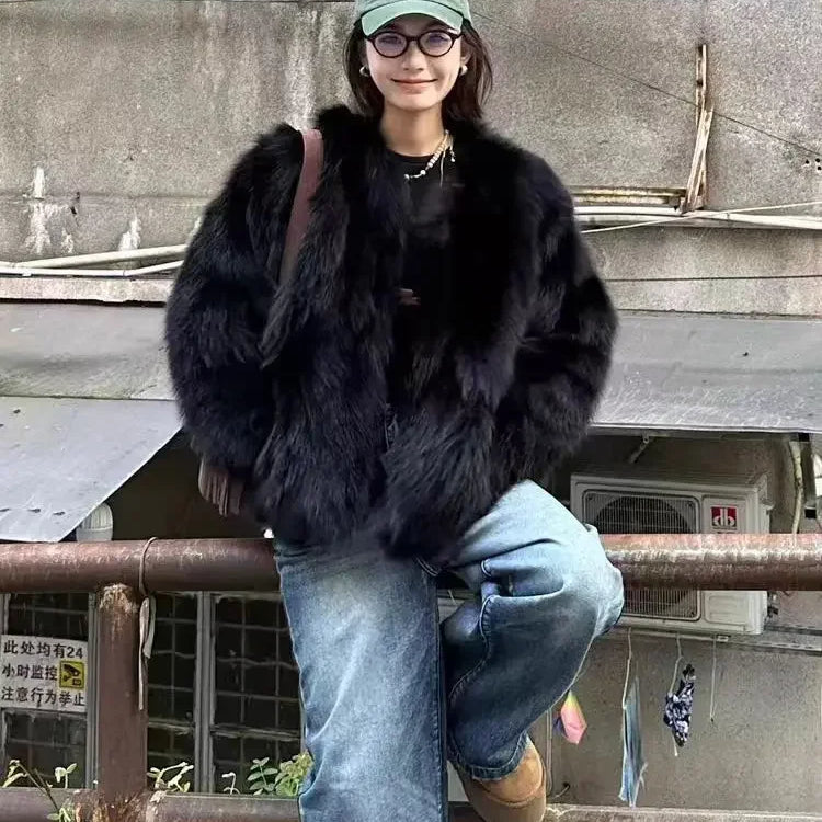 Winter New Fox Fur Environmental Protection Fur Coat for Women Black Short Slim Fit Fashionable Age Reducing Top for Women