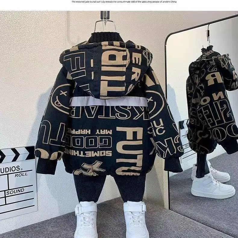 Boys' Winter Fleece Padded Coat Boys' Trendy Fashionable Cotton Coat Thickened Parka