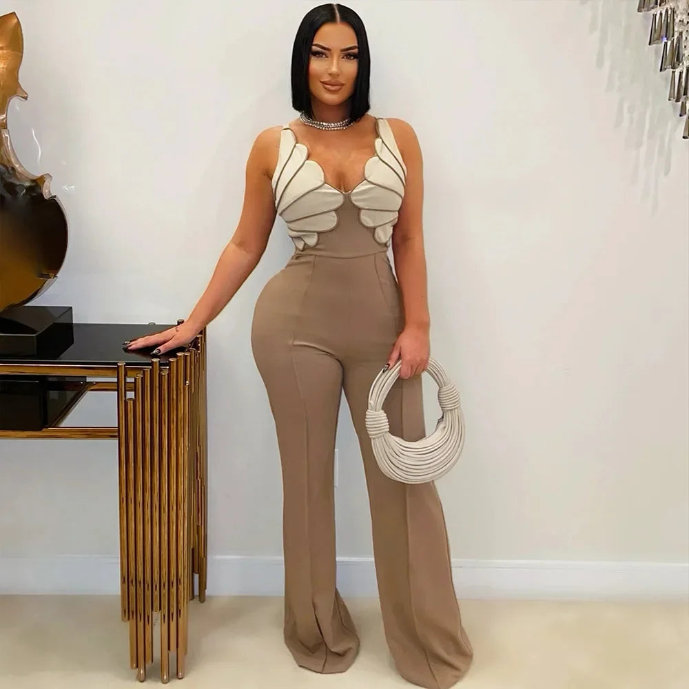 CM.YAYA Women V-Neck Backless Wide Leg Straight Sleeveless Jumpsuits 2025 Spring Patchwork Sexy One Piece Set Streetwear Outfits