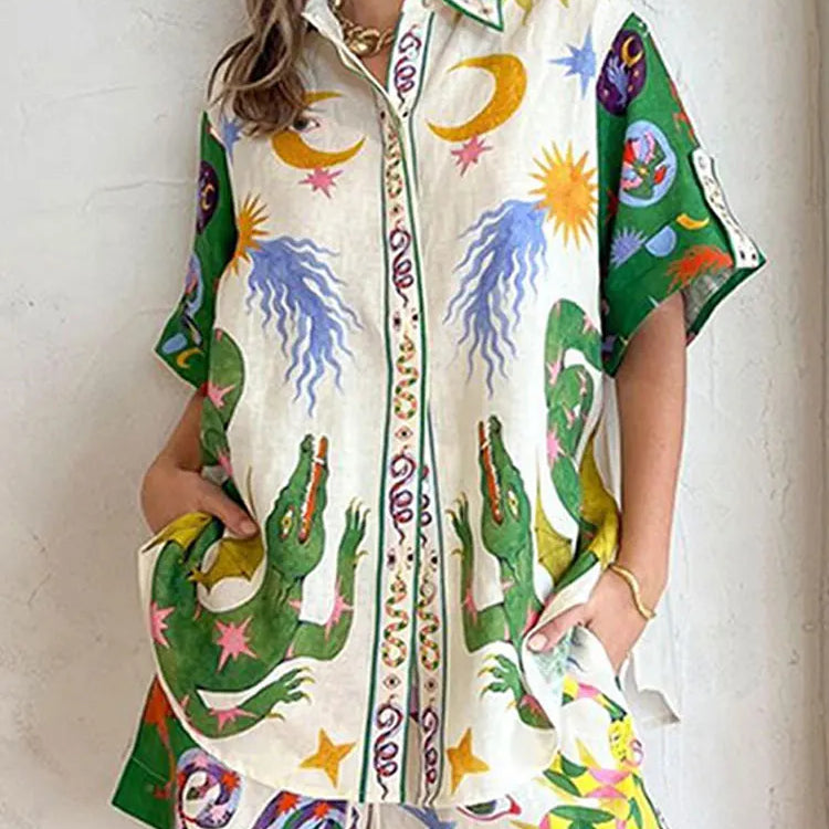 Women Fashion Printed Shorts 2 Piece Sets Causal Loose Lapel Single Breasted Shirts And Drawstring Short Suits Lady Beach Outfit