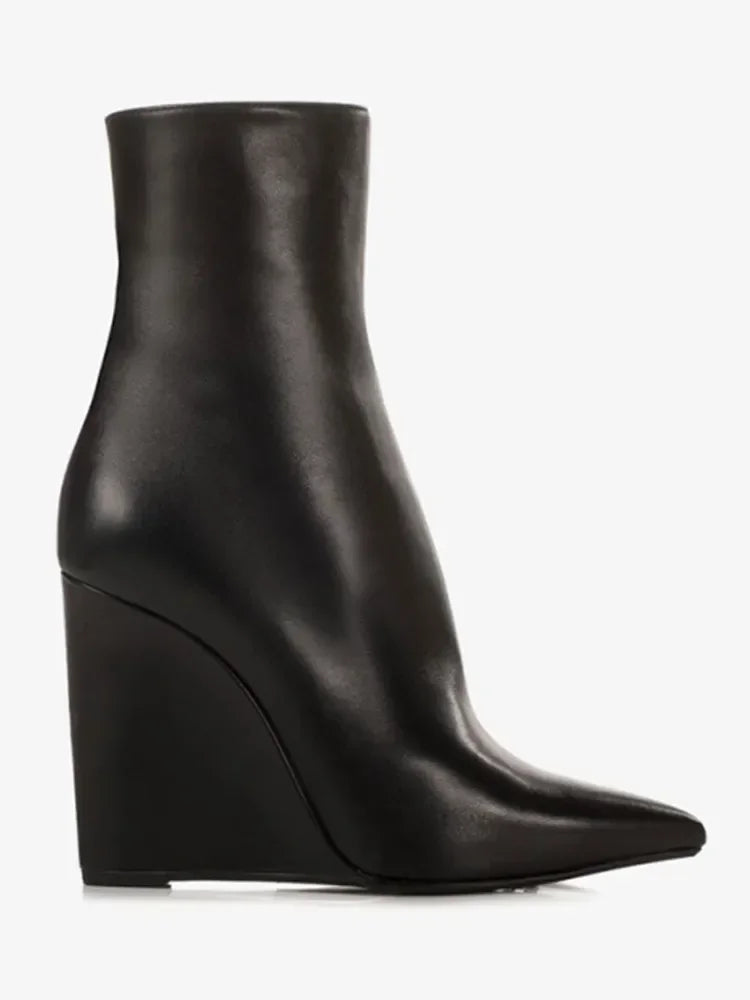 New European and American Thick Sole Knee Long Women's Boots with Pointed Side Zipper Thick High Heel Women's Mid Length Boots 520-black