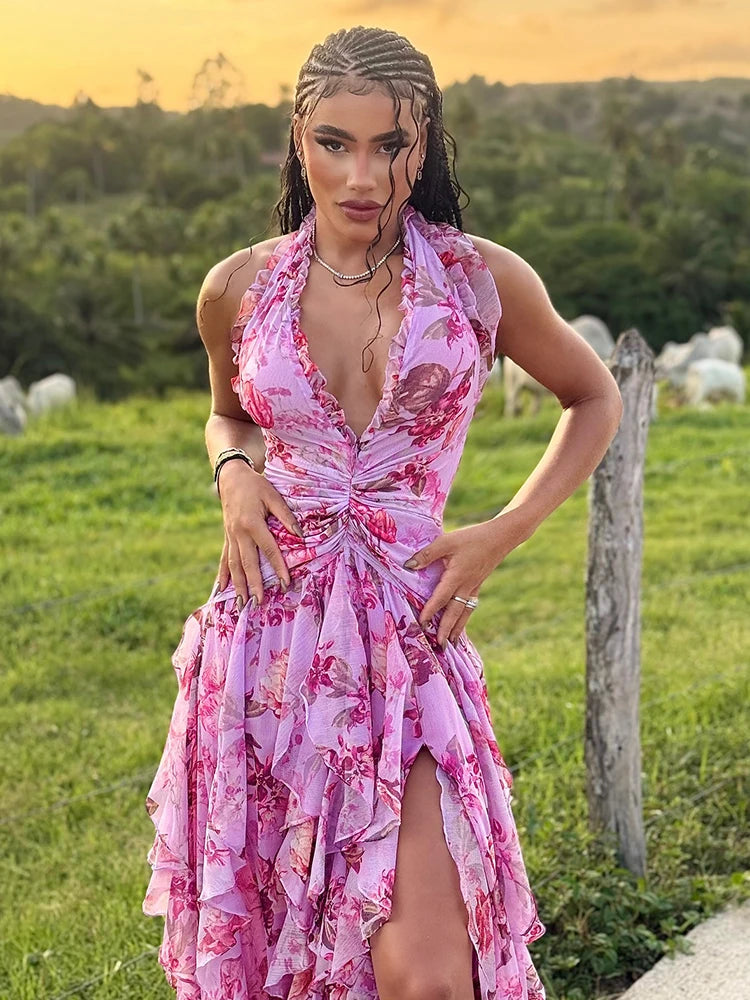 VC Elegant Pink Floral Halter-Style Ruffled Dress with Side Slit for High-Profile Outdoor Occasions Evening Gown