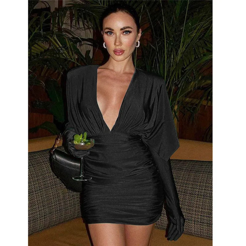 Elegant Half Sleeve Mini Dress For Women Green Deep V Neck Ruched Slim Vestidos With Gloves Celebrity Evening Party Club Outfits black