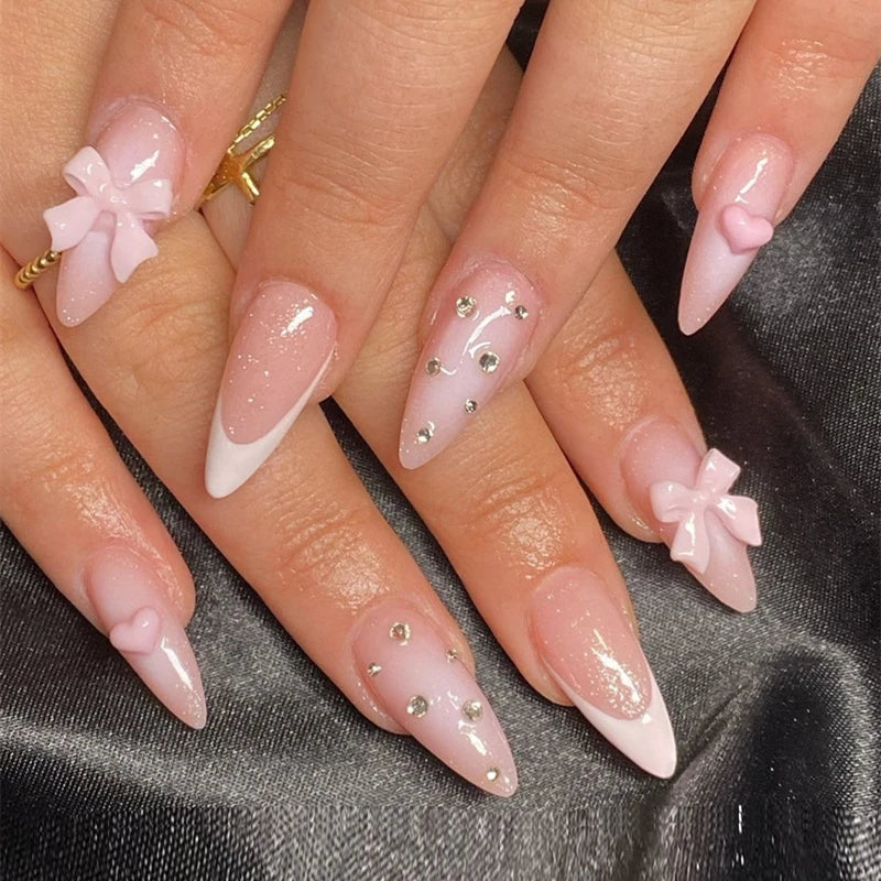Pink French Style Fake Nails Almond Ballerina Press on Nails 3D Bowknot Designs Nude Color Stick-on False Nails Tips 24Pcs