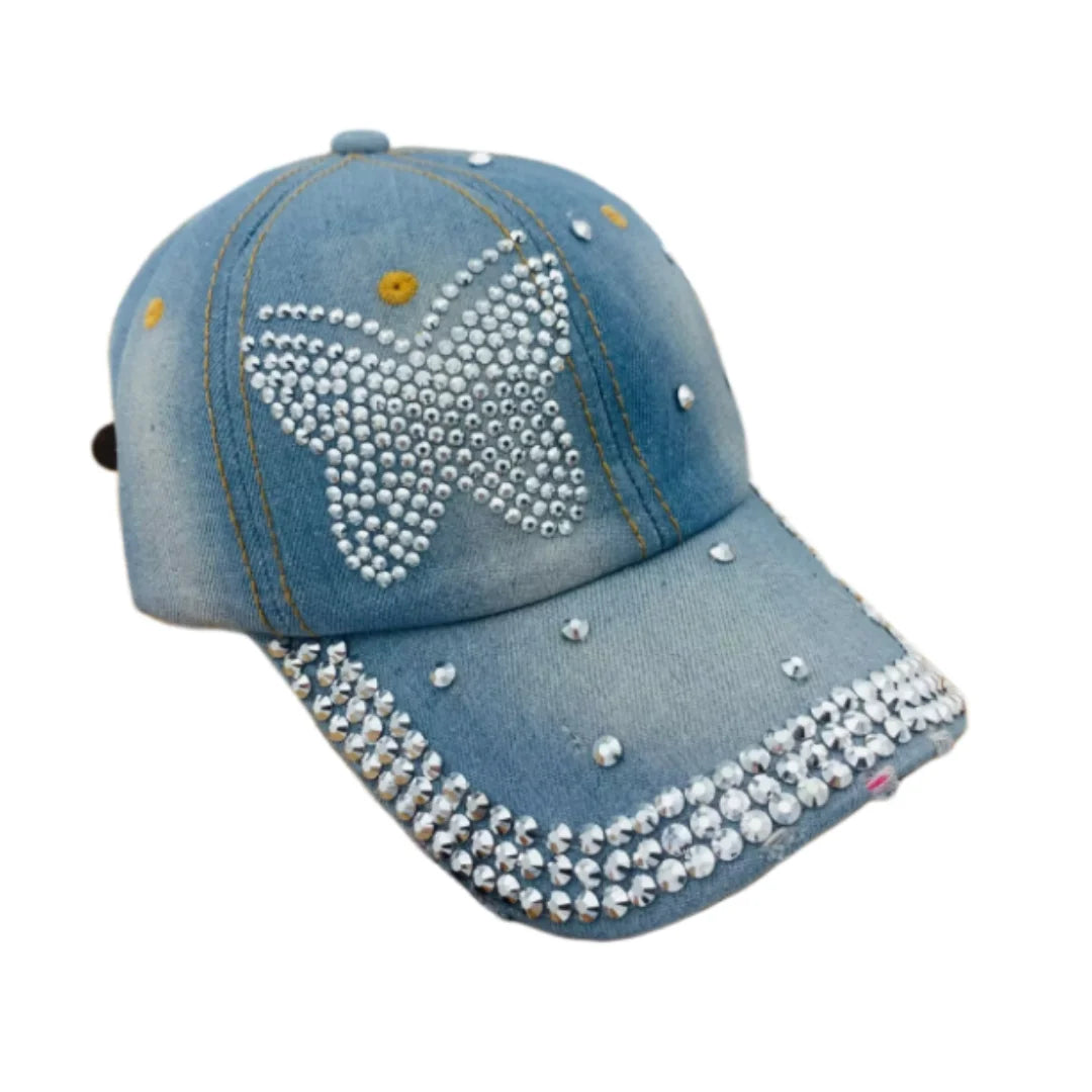 Fashion Rhinestone Hat Butterfly / Star / Crown/Love Denim Baseball Spring Summer Outdoor Hat Peaked Cap Butterfly LightBlue Adjustable