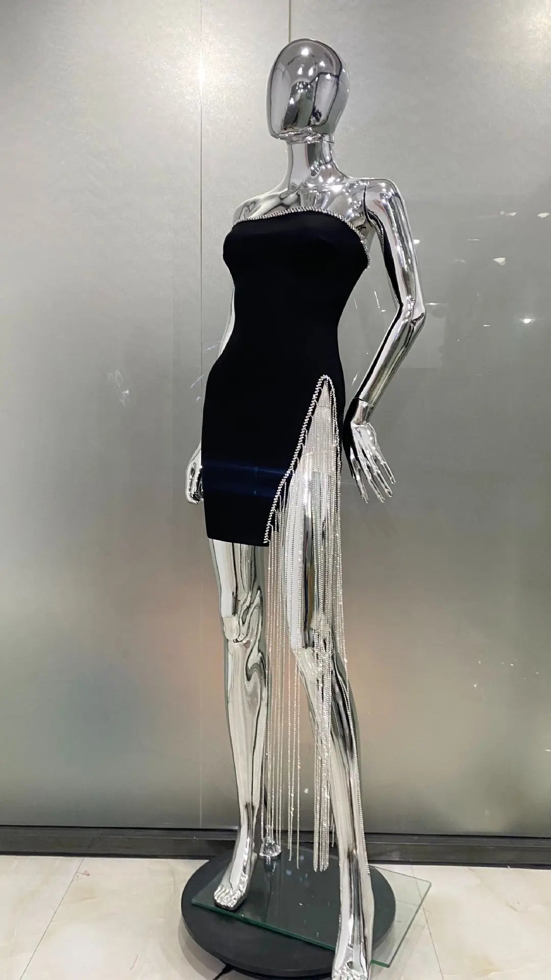 STOCK Shining Diamond Chain Sexy Slit Strapless Black Bandage Mini Dress Woman Birthday Party Dress Nightclub Party Outfit