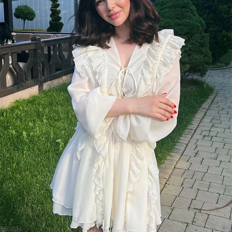 Tossy V-Neck Lace-Up Ruffled Mini Dress For Women Summer Mesh Bandage High Waist Fashion Party Dress Gown Female Mini Dress 2024