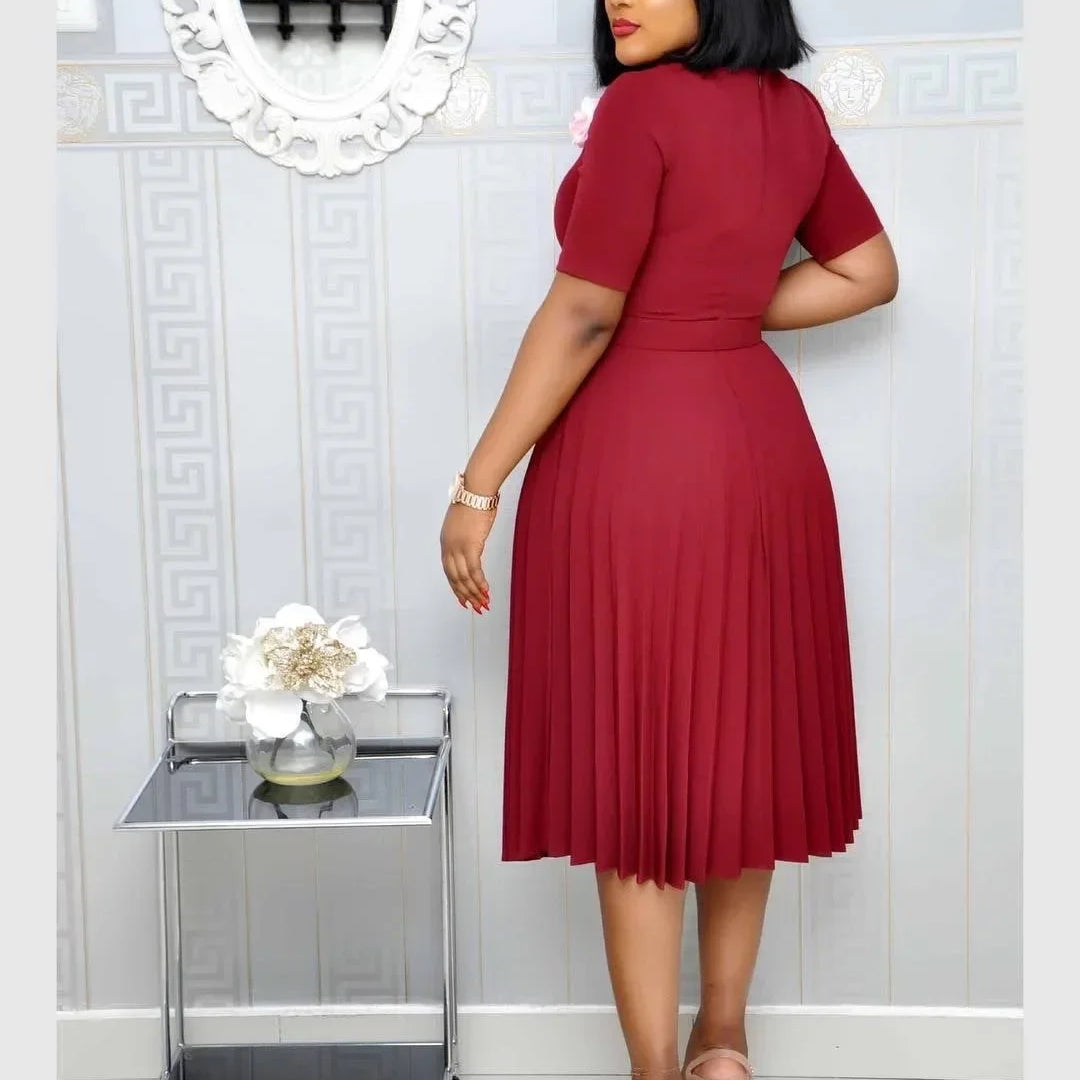 CM.YAYA Summer Midi Pleated Dress Short Sleeve Office Lady Africa Sashes Women High Waist Elegant Dresses Vestidos