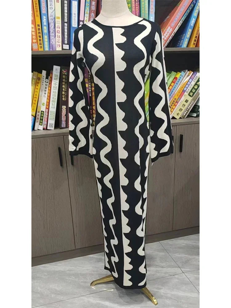 Tossy Striped Contrast Color Knit Maxi Bodycon Dress Boho High Waisted Hollow Out Slim Dresses Women Holiday Dresses Vestidos Black