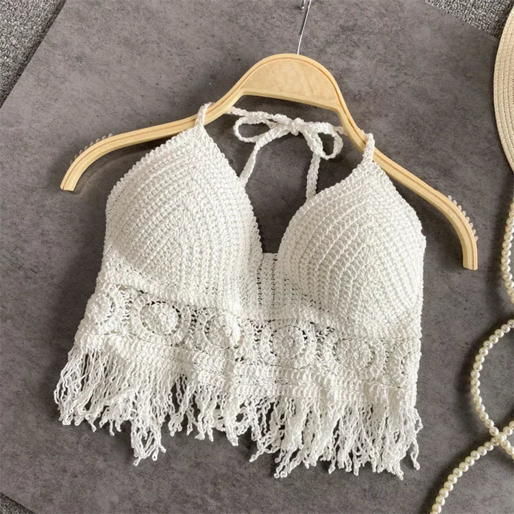Retro Tops Wild Hollow Perspective Tassel Sexy Spaghetti Strap Women Built In Bra Back Lace Halter Neck y2k clothes corset top White 1 Fits 40-75kg