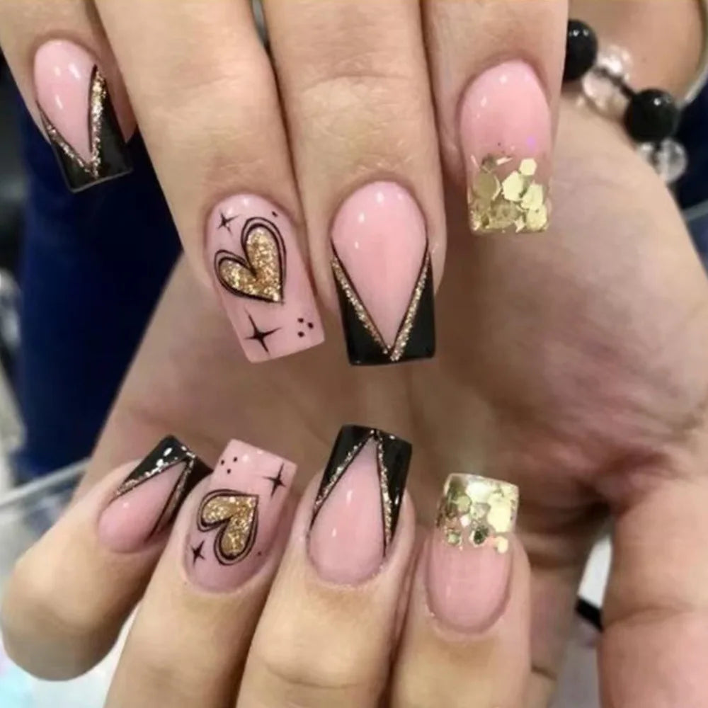 24Pcs Mid-length Press on Nails Black White Valentine's Fake Nails Glitter Love Stripe French Nails Tips Wearable False Nail Art
