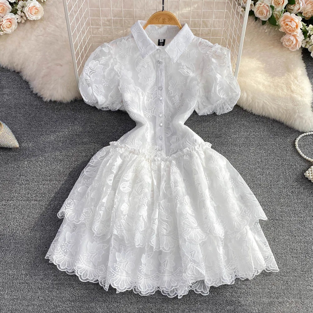 CM.YAYA Women Short Sleeve Lace Embroidery A-line Tiered Mini Dress 2025 Sweet Elegant Sexy Evening Night Party Vestidos Dresses White