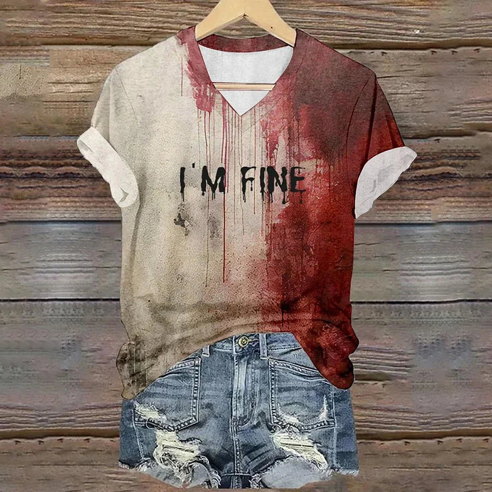 Vintage Women's T-shirt V-neck T-shirt Letter Printed Short Sleeve T-shirt Casual Loose Clothes Halloween Bloody T-shirt VAYJWH2024075R4