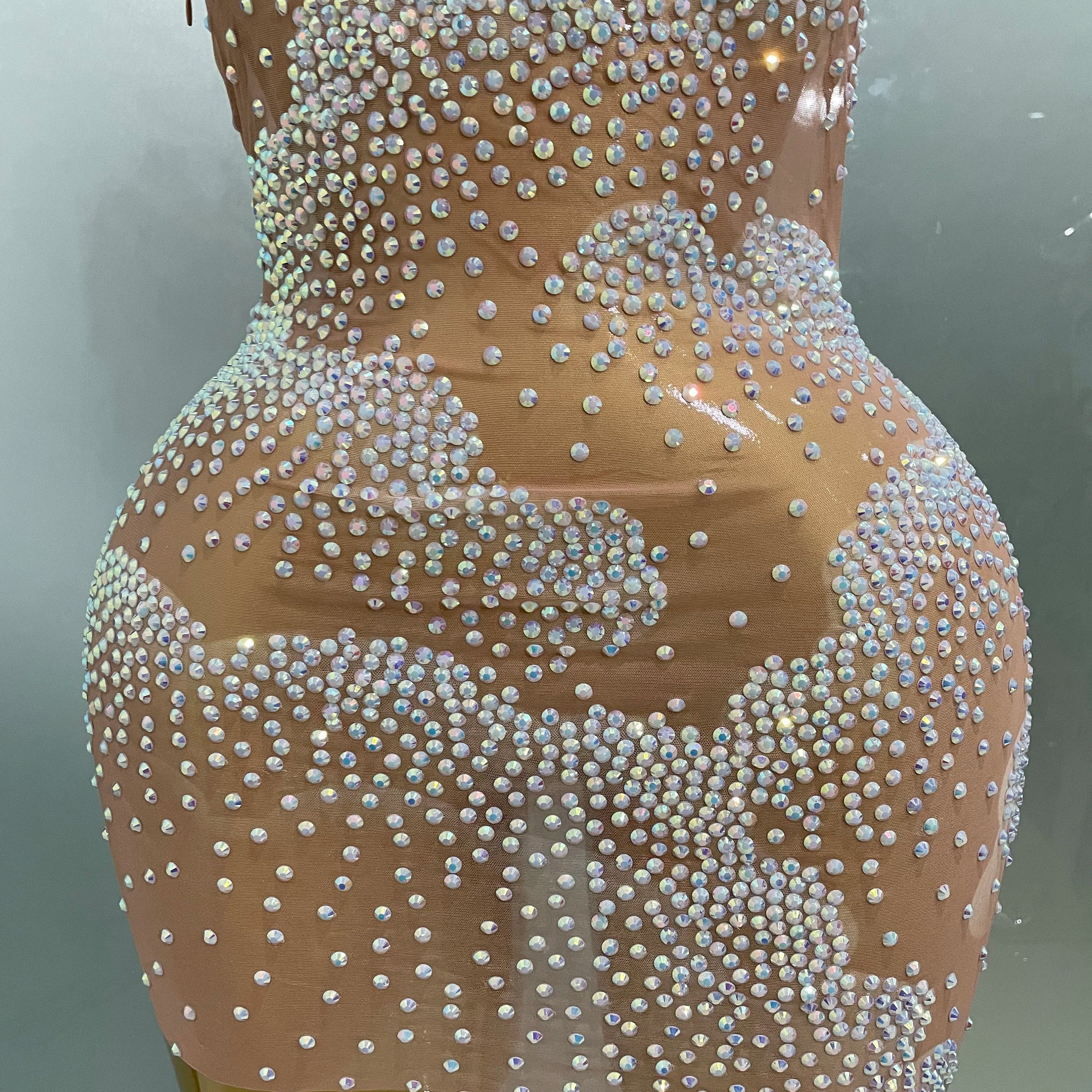 Sexy Sparkle Rhinestone Transparent Stretch Mini Dress 2025 New Women Evening Birthday Party Club Stage Performance Costume