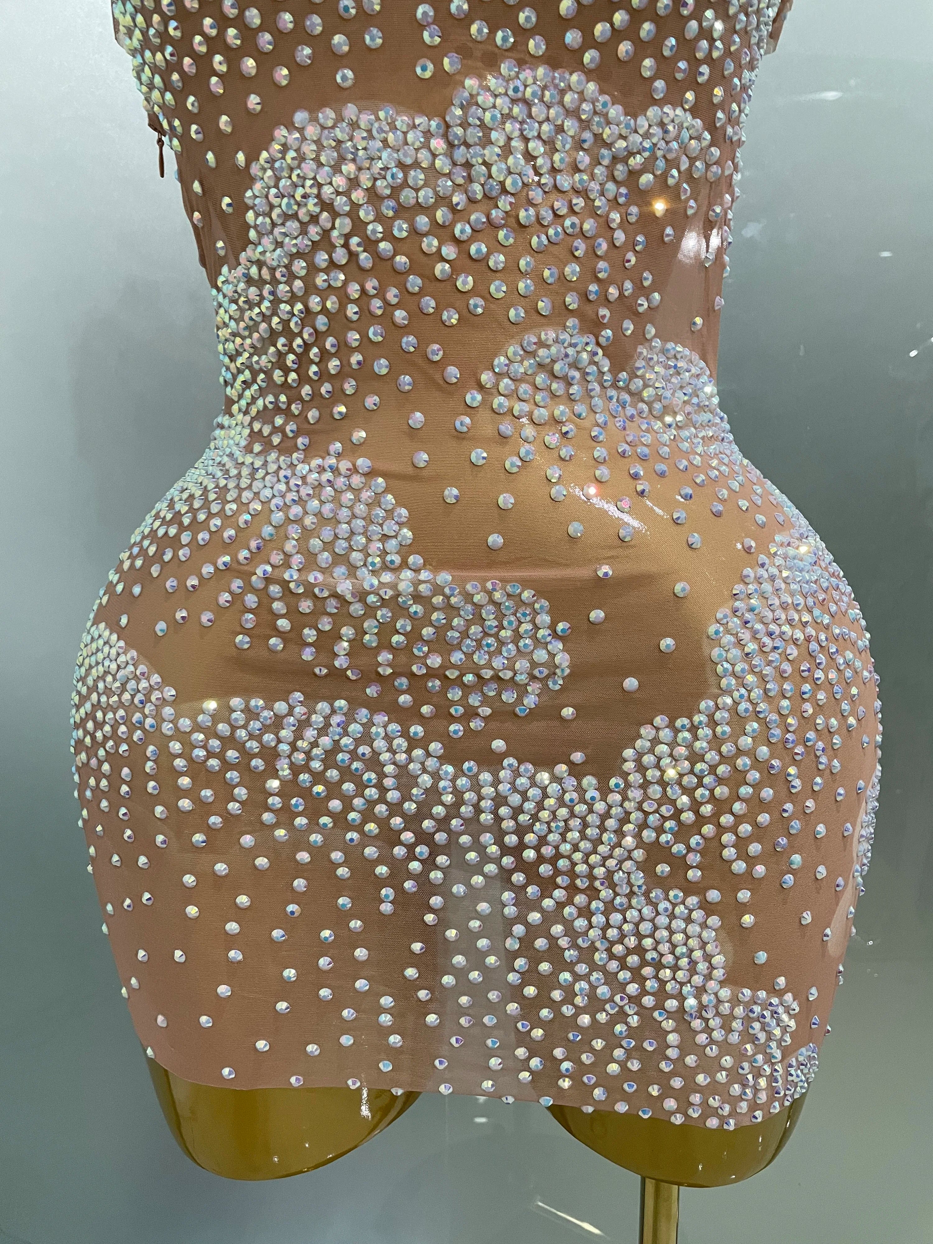 Sexy Sparkle Rhinestone Transparent Stretch Mini Dress 2025 New Women Evening Birthday Party Club Stage Performance Costume