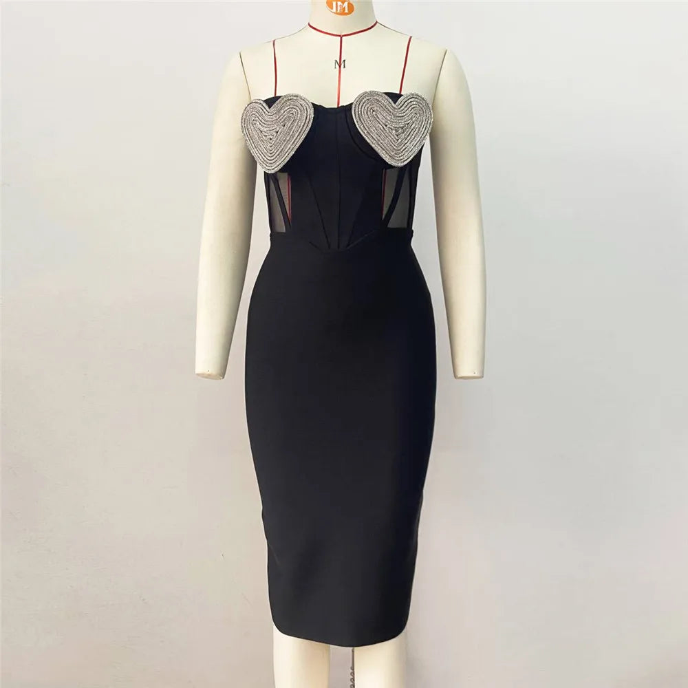 Women Sexy Off the Shoulder Heart Diamond Strapless Bodycon Midi Bandage Dress Nightclub Party Celebrate Outfit
