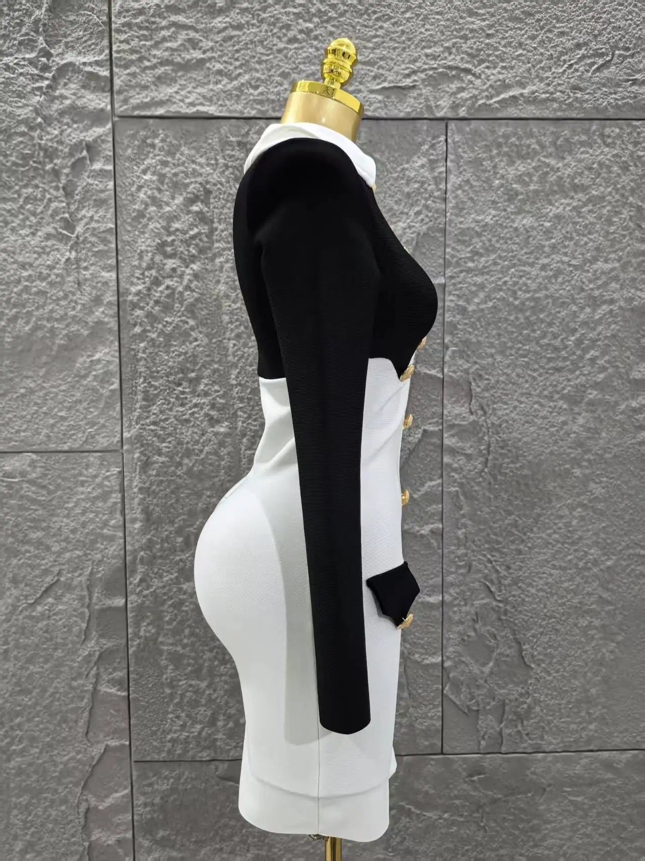 Women Long Sleeve Sexy Pacthwork Button Bodycon Mini Bandage Dress Elegant Evening Party Red Carpet Fashion Cocktail Outfit