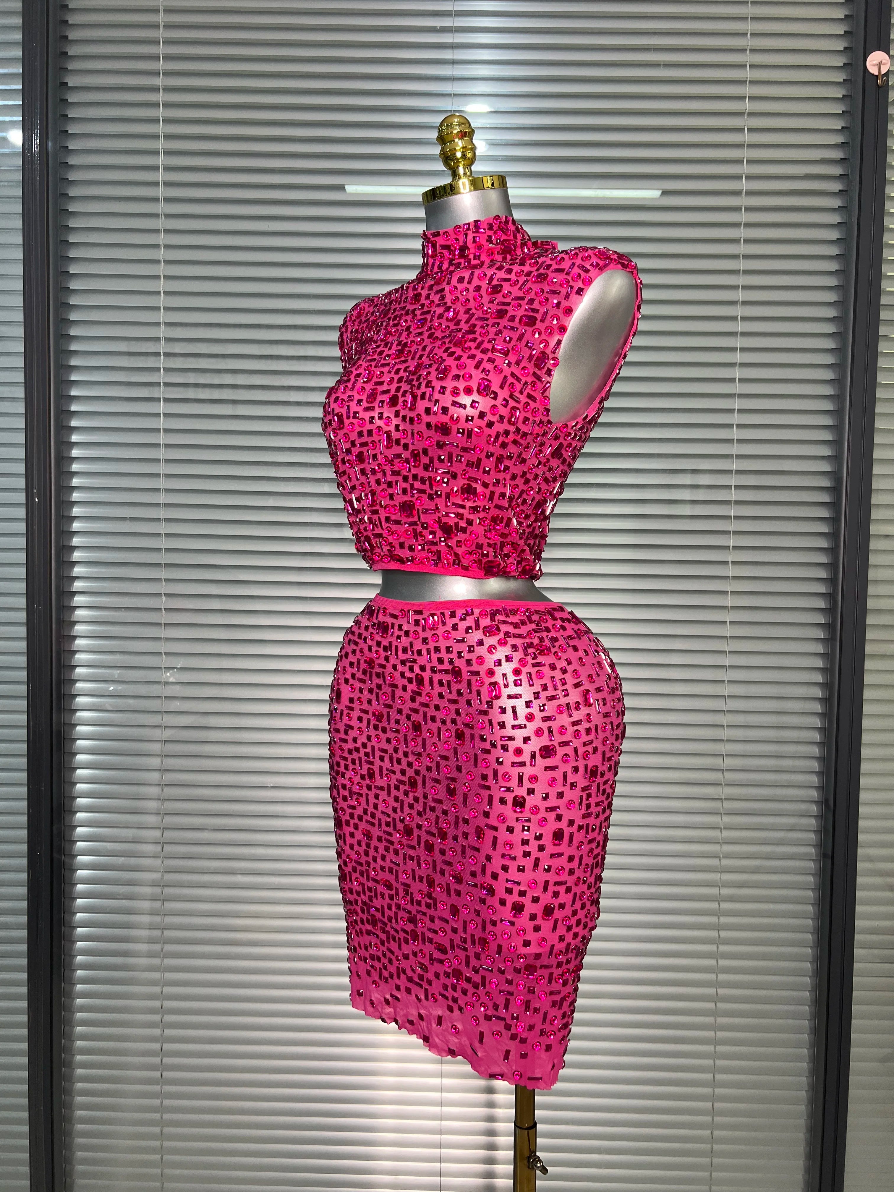 Women Sexy Two Pieces Set Women Hot Pink Crystal Diamond Night Club Skirt Suits Singer Dancer See Through Stage Costume