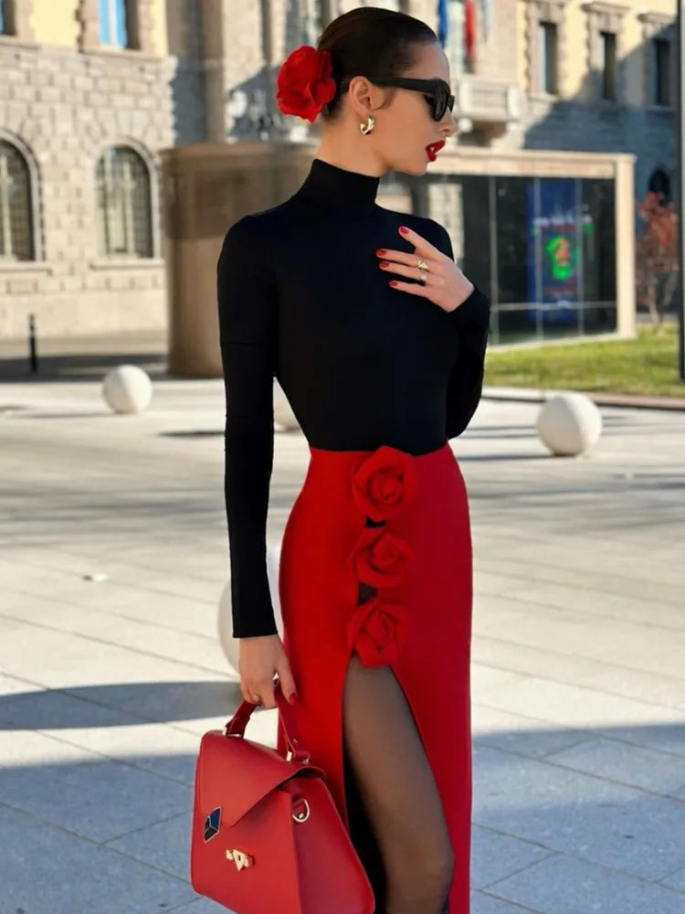 Saia bandagem justa feminina de verão, preta, vermelha, com flores, designer, cintura alta, para festa, escritório, elegante, saia dividida