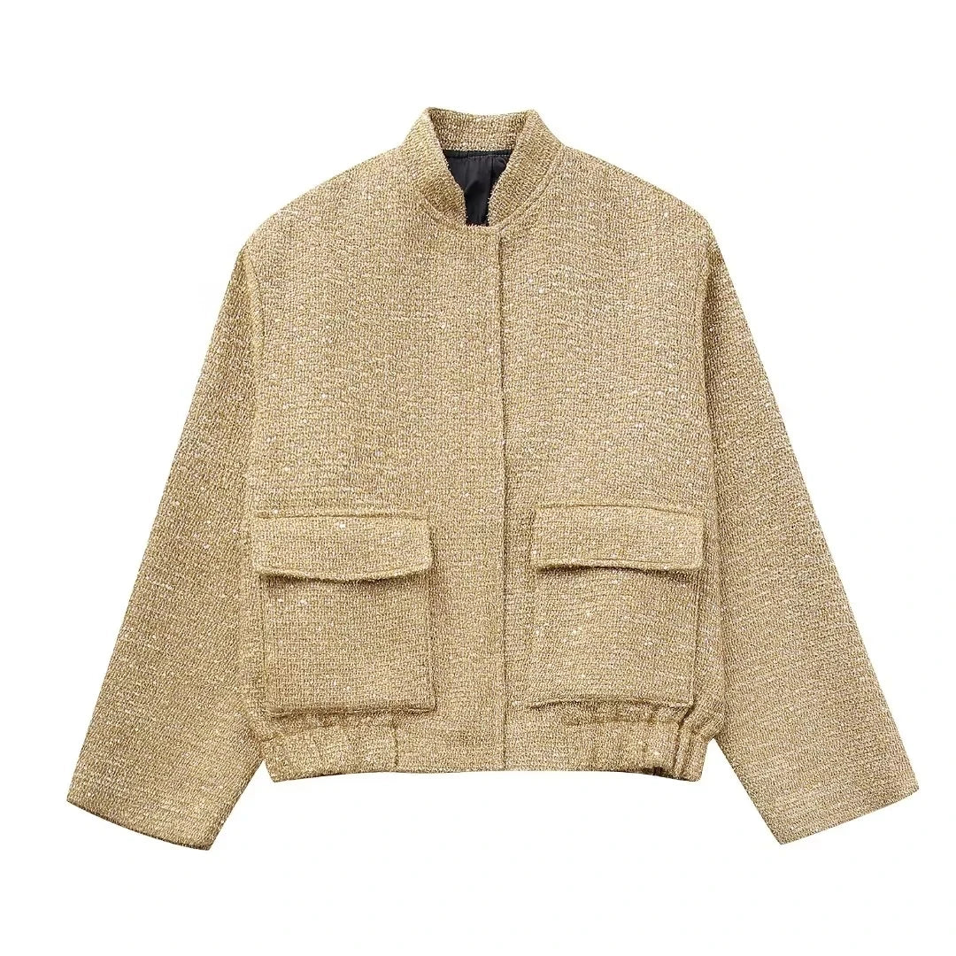 Streetwear Golden Sequined Oversized Jackets Women Long Sleeve Zipper Thick Coats Fashion Autumn Winter Outwears as picture