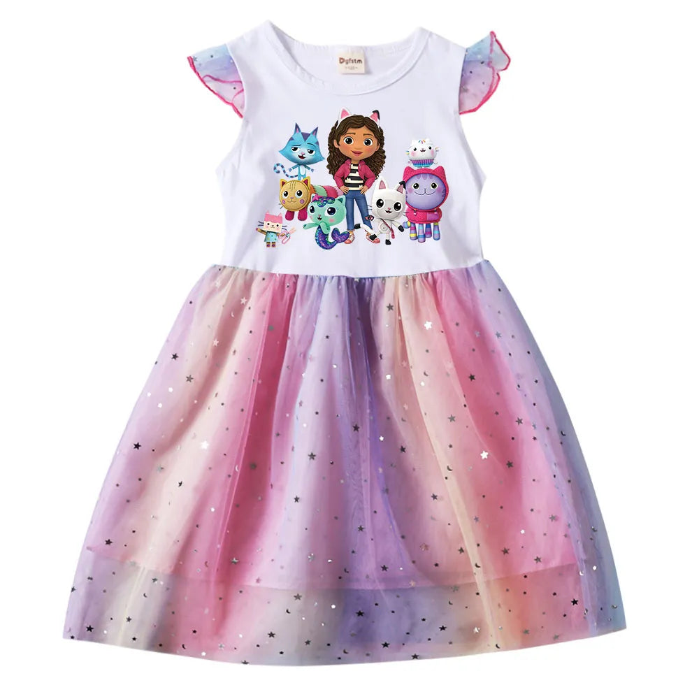 Adorable Cartoon Gabby Cats Fly Sleeve Baby Girl Dress with Bag and Headband Kids Gabby's Dollhouse Cosplay Costume