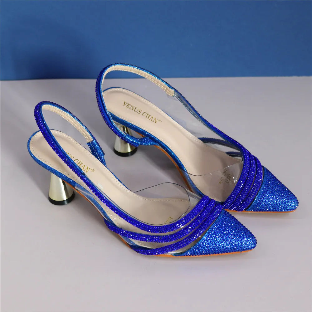 Italian Shoes Women Luxury Rhinestone Crystal Pumps Fashion Slippers Sandals Party High Heels Wedding Shoes Bride Blue