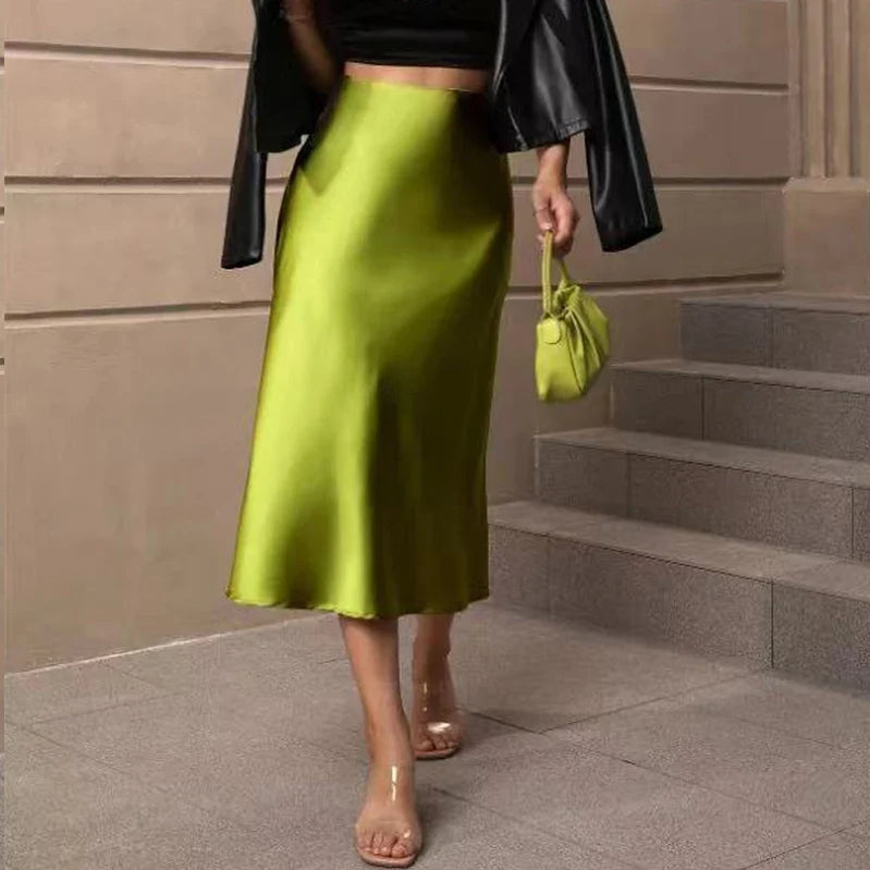 Women High Waisted Skirt Silk Satin Skirts A-Line Elegant Fashion Skirts Pink Midi Skirt New Korean Style Pencil Skort Skirt Olive