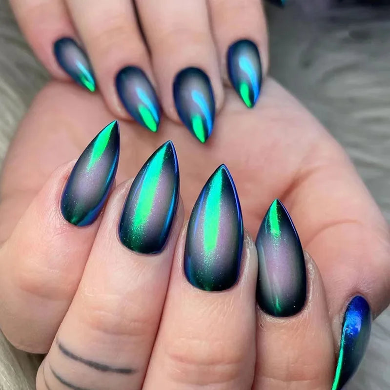 24pcs Blue Cat Eye Fake Nails Wearable Long Stiletto False Nails Simple Press on Nail Art Fashionable Full Cover Manicure Tips.