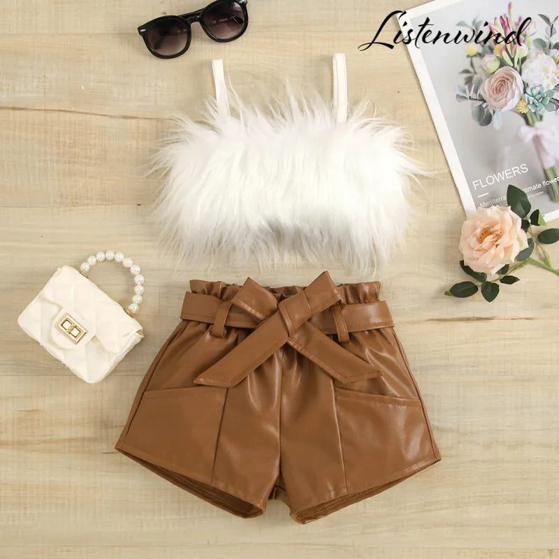 Listenwind 2-7Y Kids Children Girls Clothes Set Vest Tops Pu Leather Bow Shorts Summer Outfits