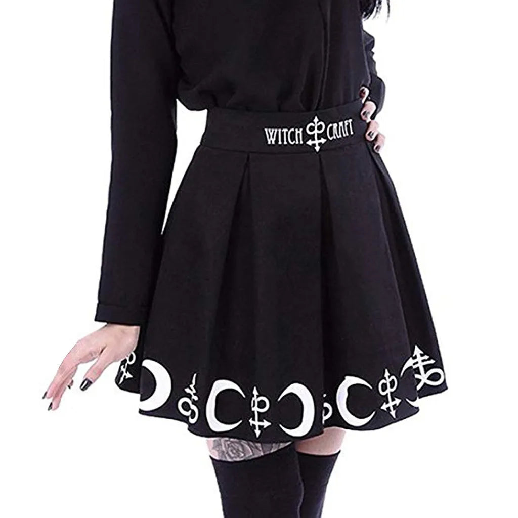 Women Gothic Punk Witchcraft Moon Spell Pleated Mini Skirt Faldas Gothic Kawaii Big Size Mini Short Skirt Korean Fashion Black