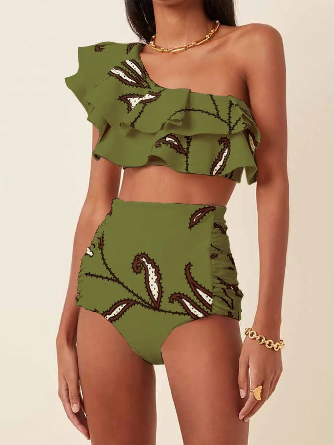 Women's Printed Ruffle Swimsuit Fashion One Shoulder Slash Breasted Bikini Two Piece High Waisted Tummy Tuck Beachwear 2023 New army green